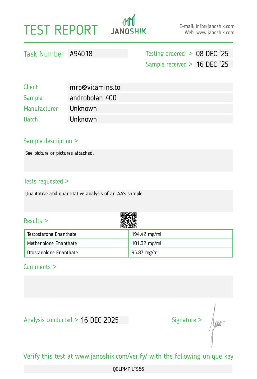 Test-Mast-Primo Formula test result